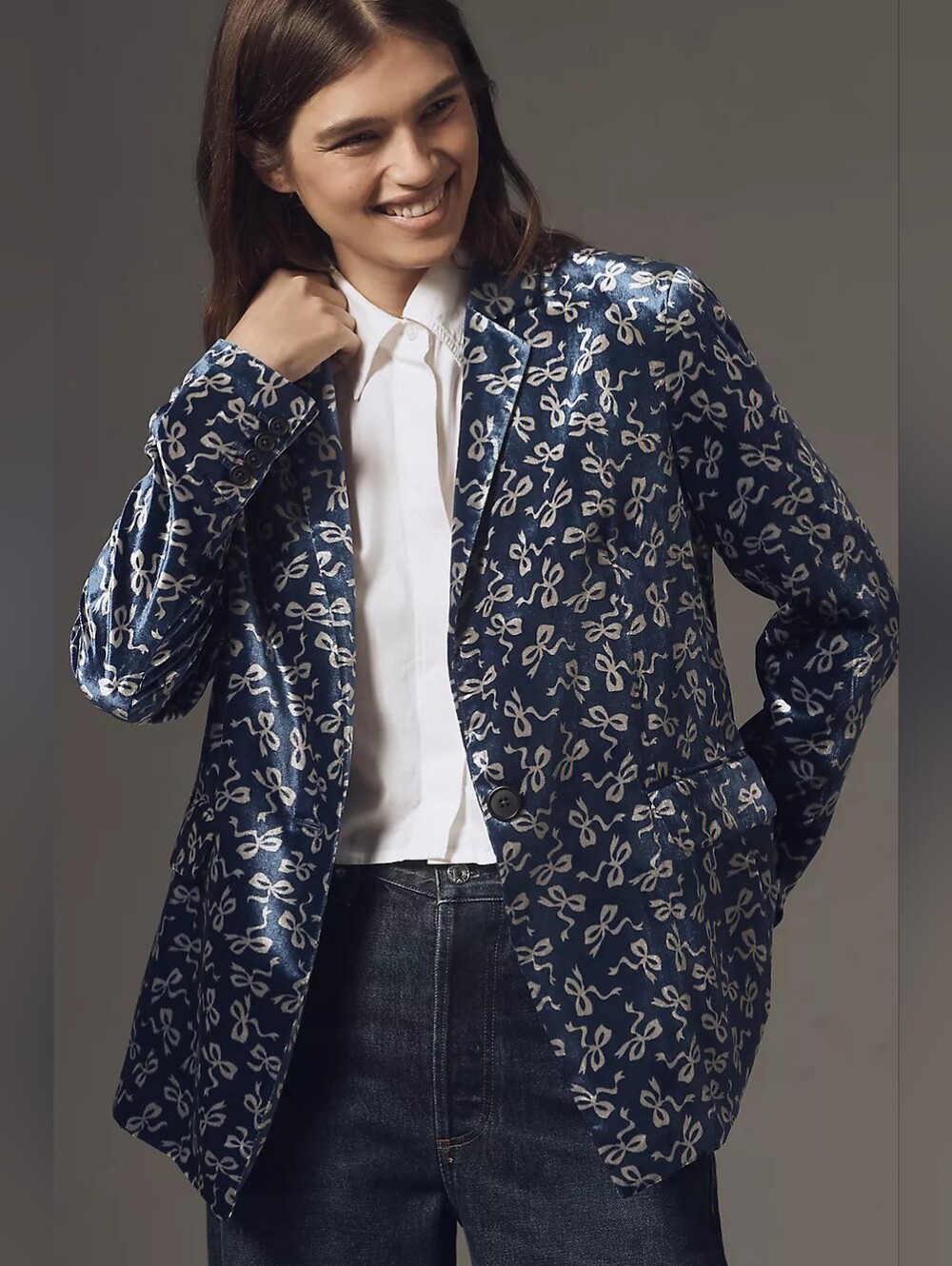 💖💖 NWT Anthropologie Maeve Velvet Blazer Dusty Blue Pattern Size XL